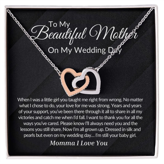 To My Mother on my Wedding Day Interlocking Hearts Necklace.