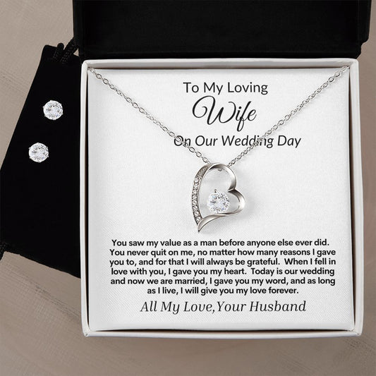 To My Loving Wife on Our Wedding Day Love Knot Earring and  Necklace Set.