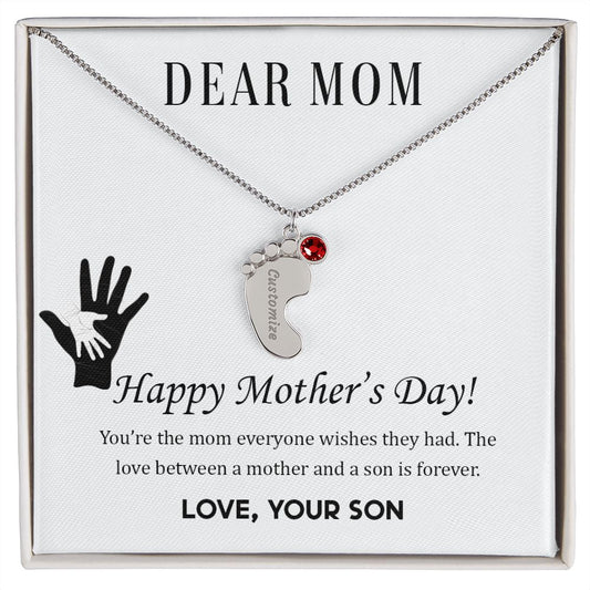 Dear Mom Custom Engraved Baby Feet Necklace with Birthstone.