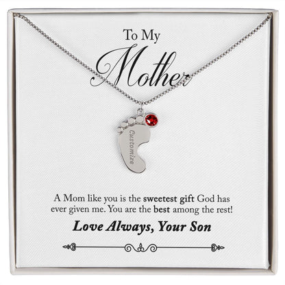 To My Mother Engraved Custom Baby Feet Necklace with Birthstone.