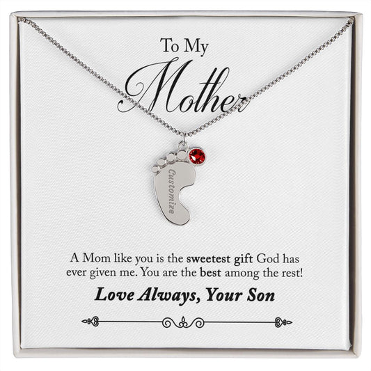 To My Mother Engraved Custom Baby Feet Necklace with Birthstone.